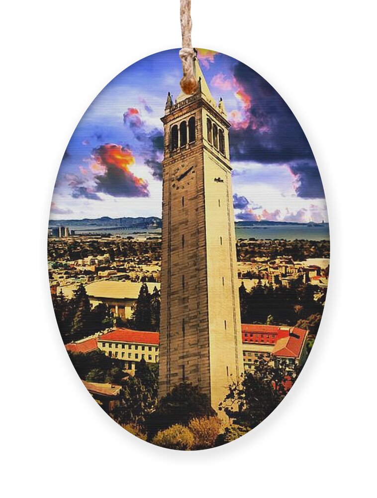 Berkeley Ornament featuring the digital art The Sather Tower and a a view to Berkeley Campus, downtown Berkeley and San Francisco Bay at sunrise by Nicko Prints