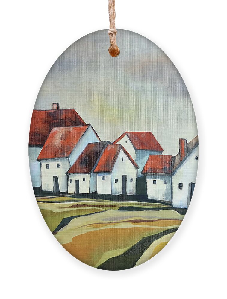Village Ornament featuring the painting The smallest village by Aniko Hencz