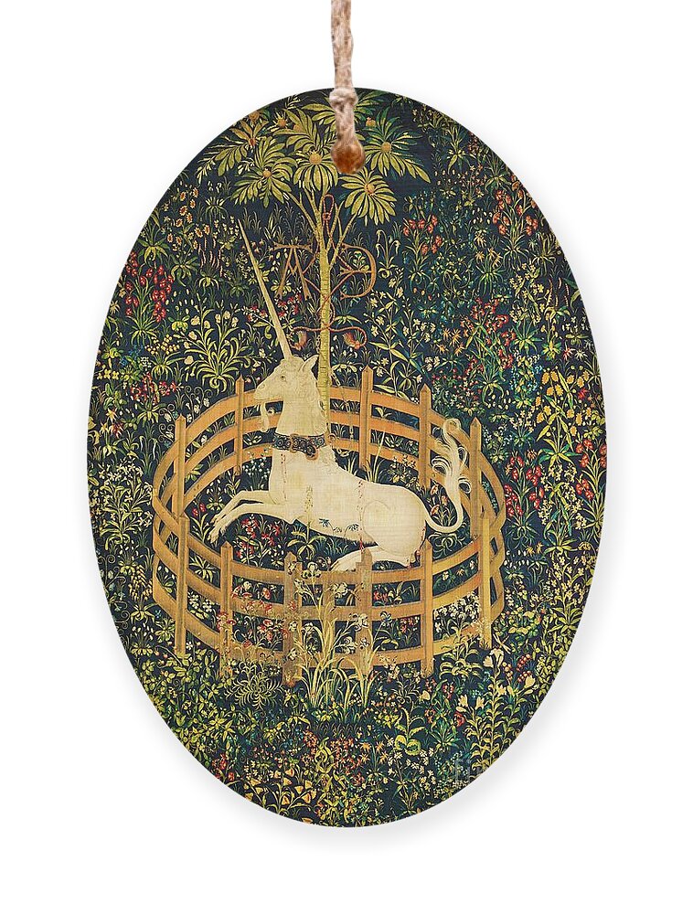 The Unicorn Rests In A Garden Ornament featuring the painting The Unicorn Rests in a Garden by The Unicorn Tapestries