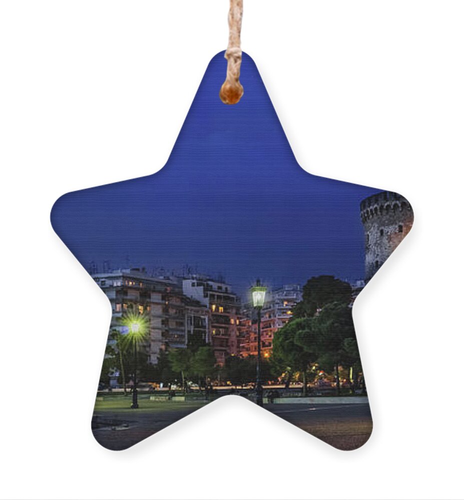 White Tower Ornament featuring the photograph The White Tower of Thessaloniki night view by Alexios Ntounas