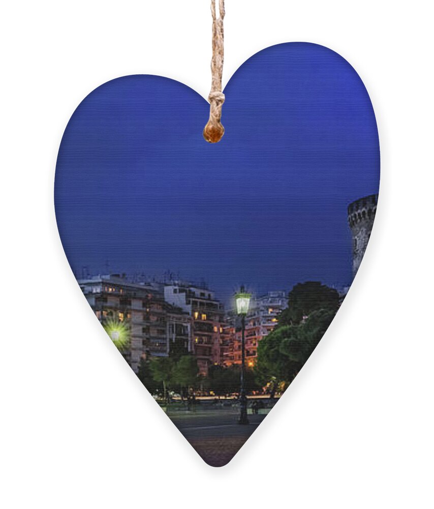 White Tower Ornament featuring the photograph The White Tower of Thessaloniki night view by Alexios Ntounas