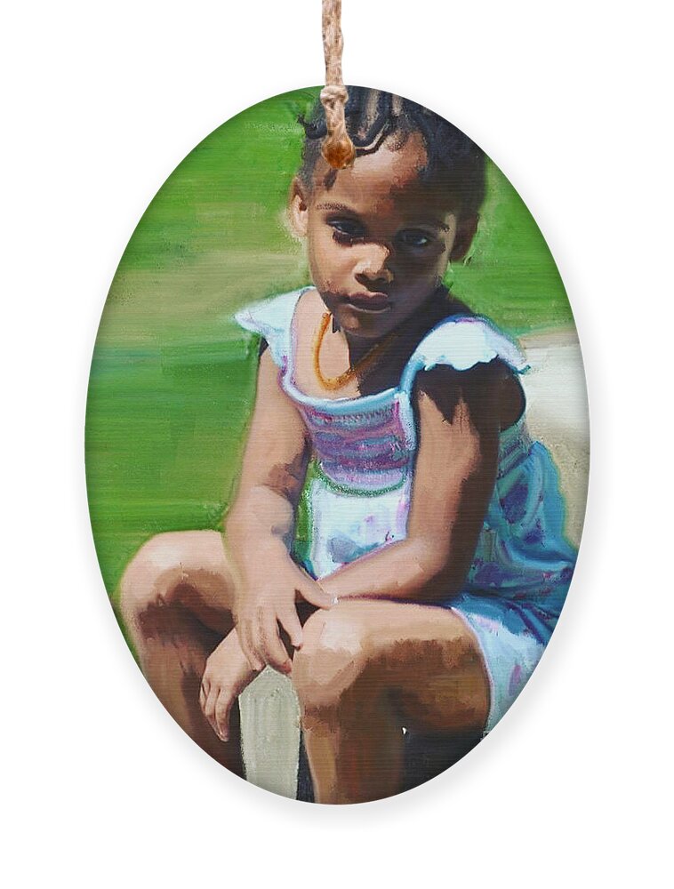 Child Ornament featuring the painting Thoughtful Leilani by D Powell-Smith