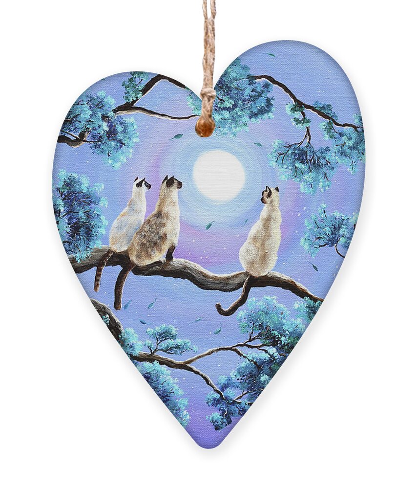 Cats Ornament featuring the painting Three Siamese Cats in Moonlight by Laura Iverson