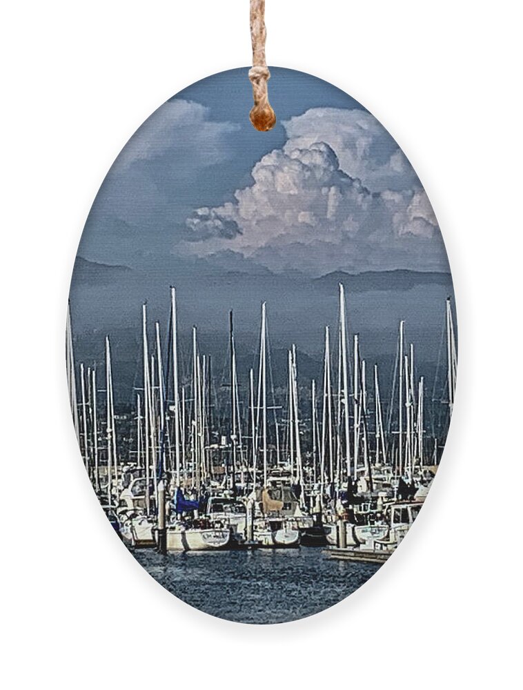 Thunder Cloud Ornament featuring the photograph Thunder Cloud and Fog Over Santa Barbara Harbor Yachts by Bonnie Colgan