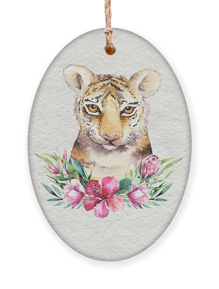 Tiger With Flowers Ornament featuring the painting Tiger With Flowers by Nursery Art