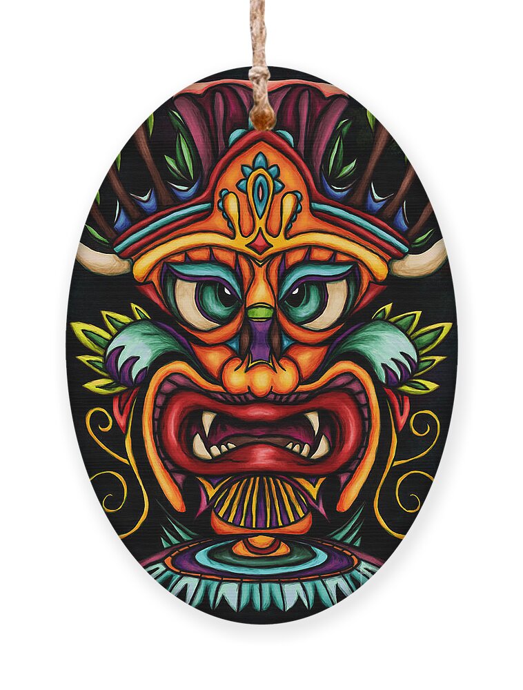 Tiki Masks Ornament featuring the painting Maori tiki mask vibrant painting, Tiki totem by Nadia CHEVREL