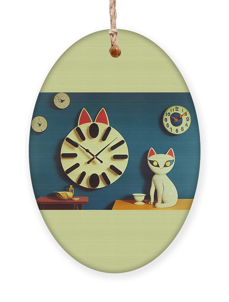 /imagine Prompt: A Cat Clock On A Blue Kitchen Wall:: By Joan Miró::1 --upbeta --quality 4                 Ornament featuring the digital art Timeless II by Jay Schankman