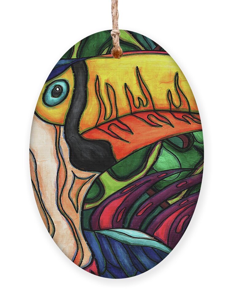 Toco Toucan Ornament featuring the painting Toco toucan in colorful jungle, toucan bird by Nadia CHEVREL