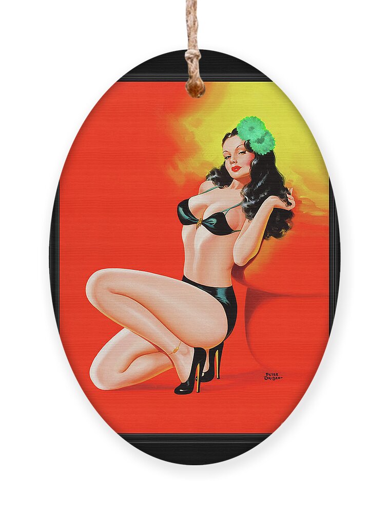 Too Hot To Touch Ornament featuring the painting Too Hot To Touch by Peter Driben Vintage Pin-Up Girl Art by Rolando Burbon