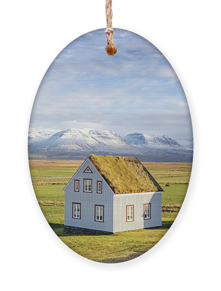 Agriculture Ornament featuring the photograph Traditional turf covered house in Glaumbaer, northwestern Icelan by Jane Rix