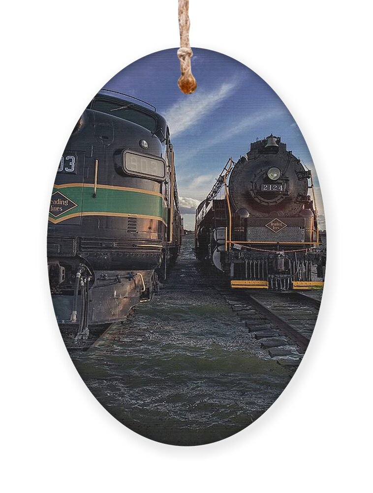 Train Ornament featuring the photograph Trains, Red Hook Waterfront in Brooklyn by Carol Whaley Addassi