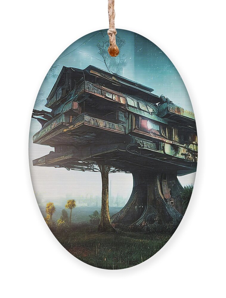 Treehouse Ornament featuring the digital art Treehouse in the early morning mist by Micah Offman