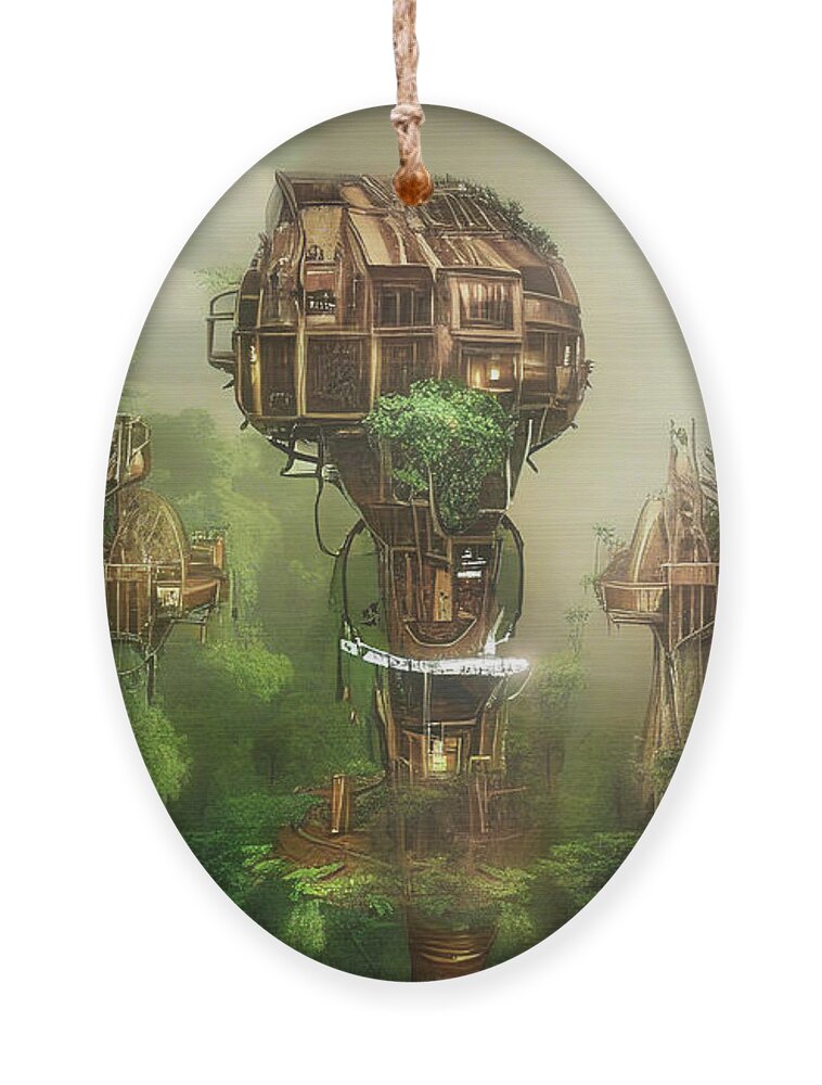 Ai Ornament featuring the digital art Treehouses in the misty rain by Micah Offman