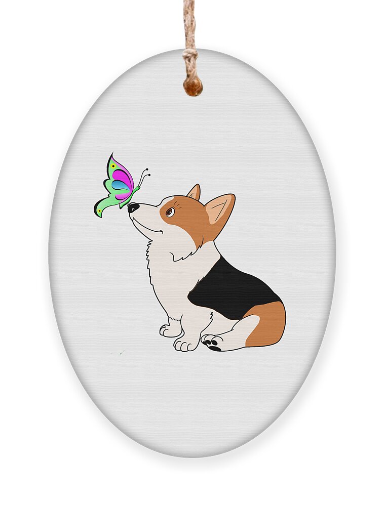 Welsh Corgi Ornament featuring the digital art Tricolor Corgi with Butterfly by Kathy Kelly