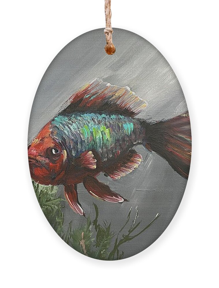 Tropical Fish Miroslaw Chelchowski Acrylic Painting On Canvas Ocean Fish Water Seascape Under The Sea Colors Red Blue Fin Seaweed Underwater Gray Deep In The Sea Ocean Beauty Ornament featuring the painting Tropical fish by Miroslaw Chelchowski