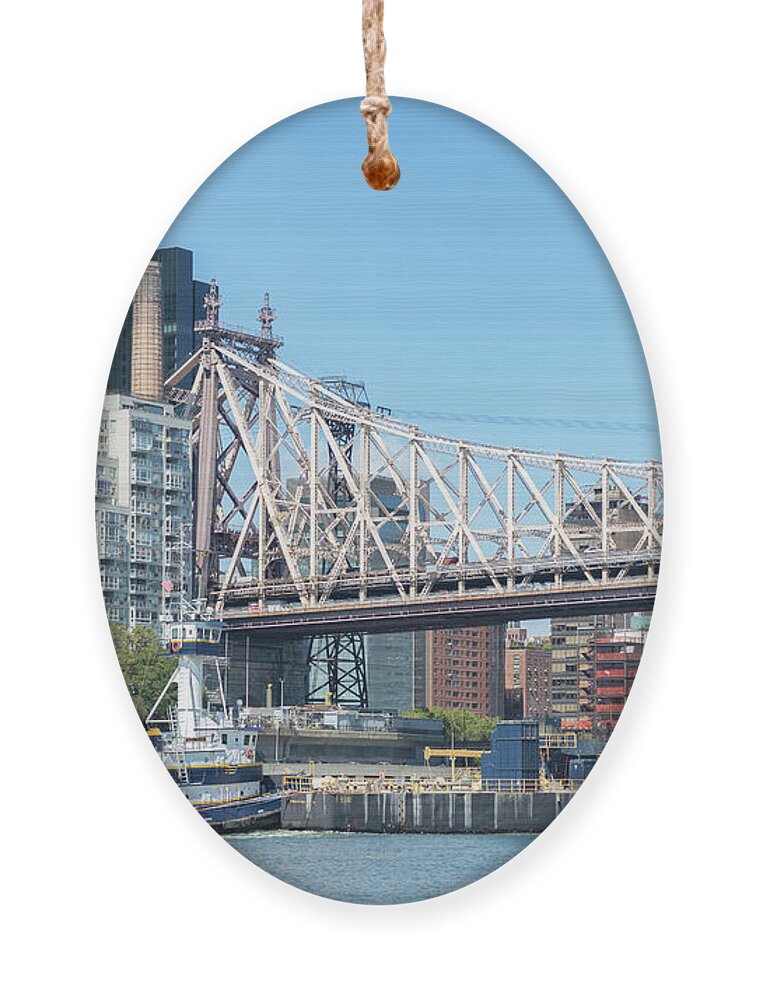 East River Ornament featuring the photograph Tug and Barge Under Bridge by Cate Franklyn