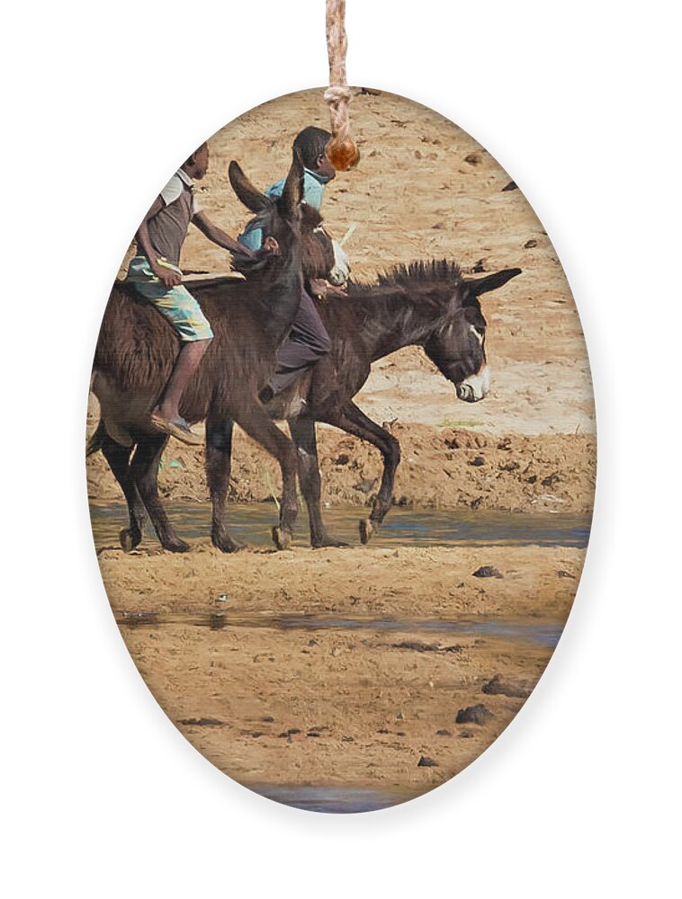 Two Boys Ornament featuring the photograph Two Boys Riding Donkeys Along the River in Angola by Belinda Greb