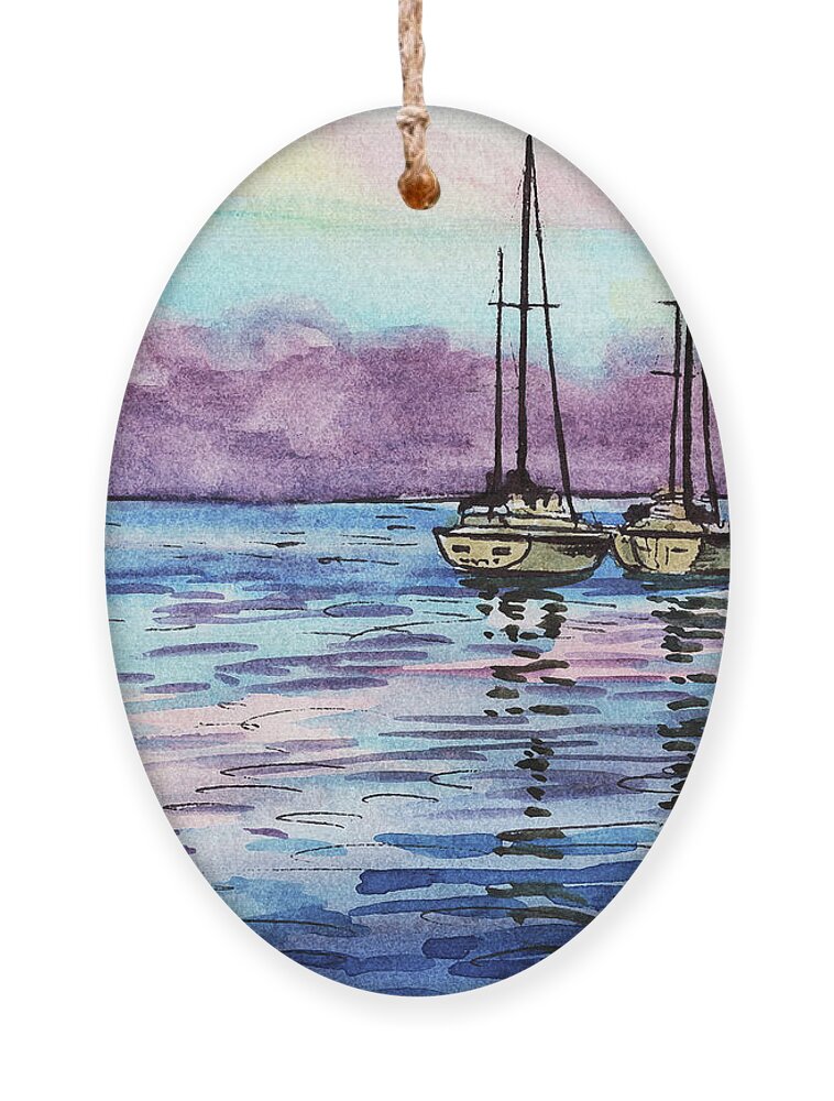 Boats Ornament featuring the painting Two Sailboats Resting In The Ocean Purple Clouds Watercolor Beach Art by Irina Sztukowski