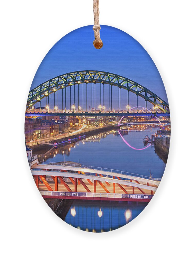 Newcastle Upon Tyne Ornament featuring the photograph Tyne bridge and swing bridge over River Tyne, Tyne and Wear, Tyneside, England, UK, Europe by Neale And Judith Clark