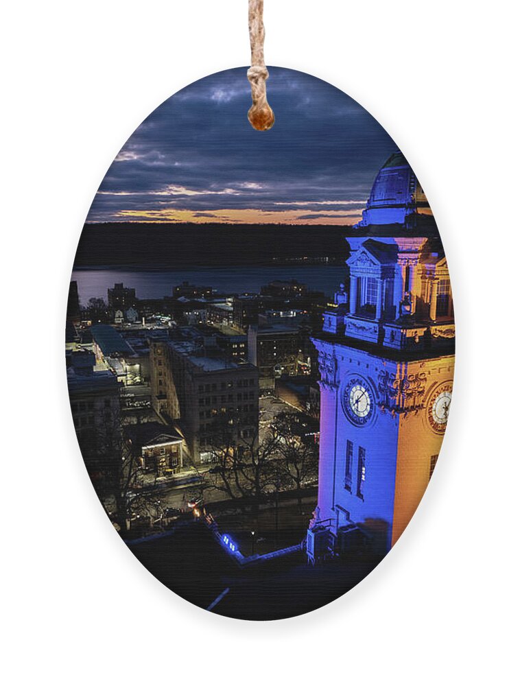 City Hall Ornament featuring the photograph Ukrainian national colors illuminate city hall by Kevin Suttlehan