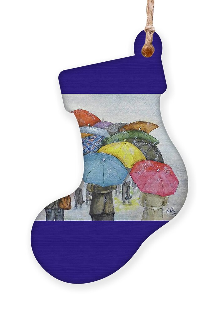 Umbrella Ornament featuring the painting Umbrella Huddle Walk by Kelly Mills