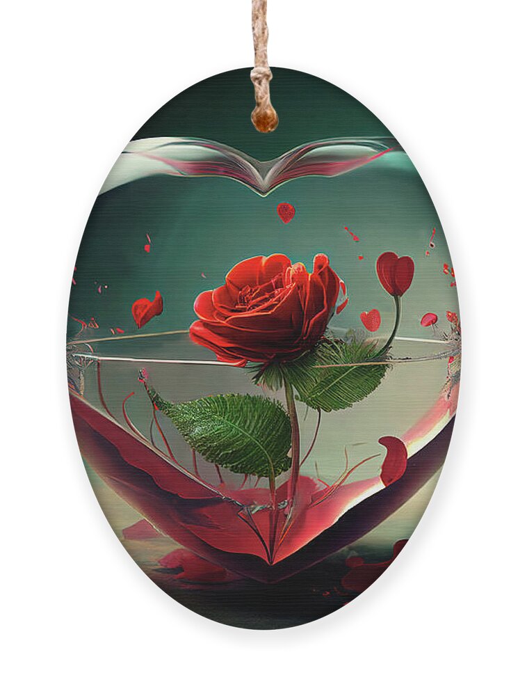 Heart Ornament featuring the digital art Valentine red rose in heart of glass. Valentine's day concept ar by Jelena Jovanovic