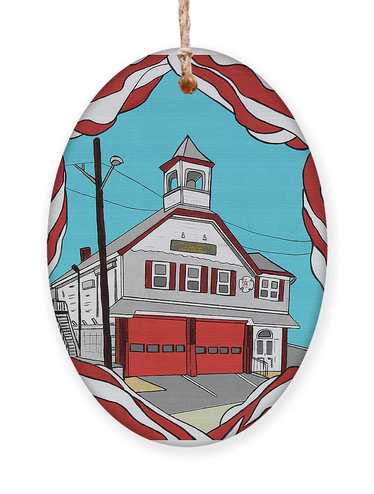 Valley Stream Fire House Fire Dept. Ornament featuring the painting Valley Stream Corona Ave. Fire House by Mike Stanko