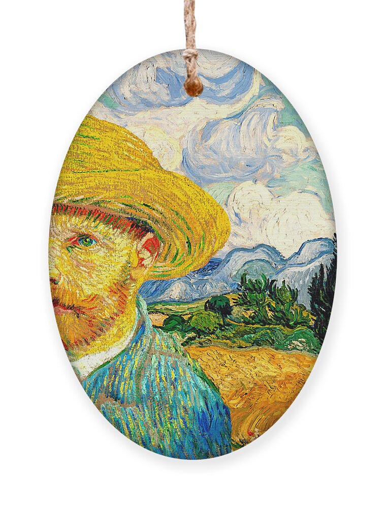 Straw Hat Ornament featuring the digital art Van Gogh Self-Portrait with Straw Hat in front of Wheat Field with Cypresses by Nicko Prints