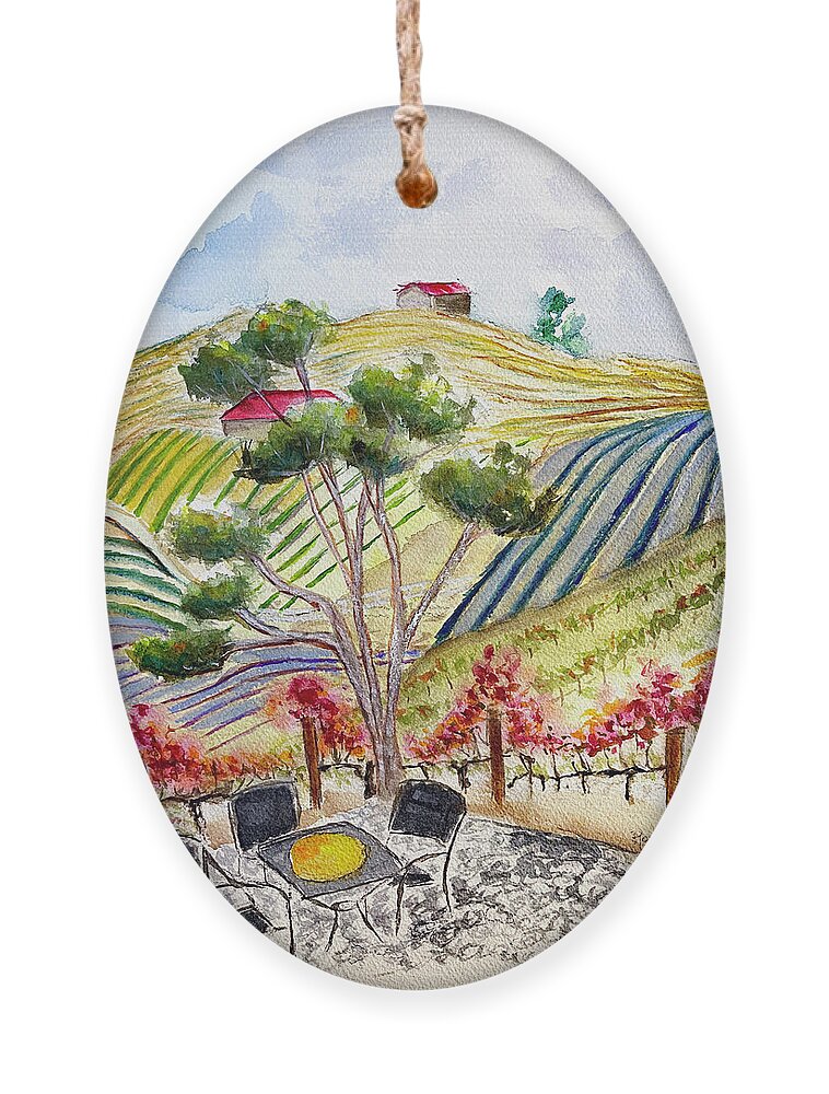 View Ornament featuring the painting View from the patio at Gershon Bachus Vintners by Roxy Rich