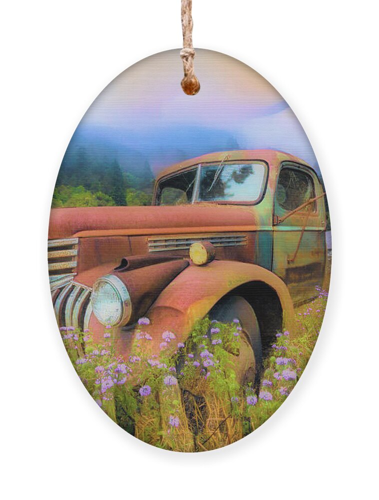 1941 Ornament featuring the photograph Vintage Chevy PIckup Truck in the Mountain Wildflowers Abstract by Debra and Dave Vanderlaan