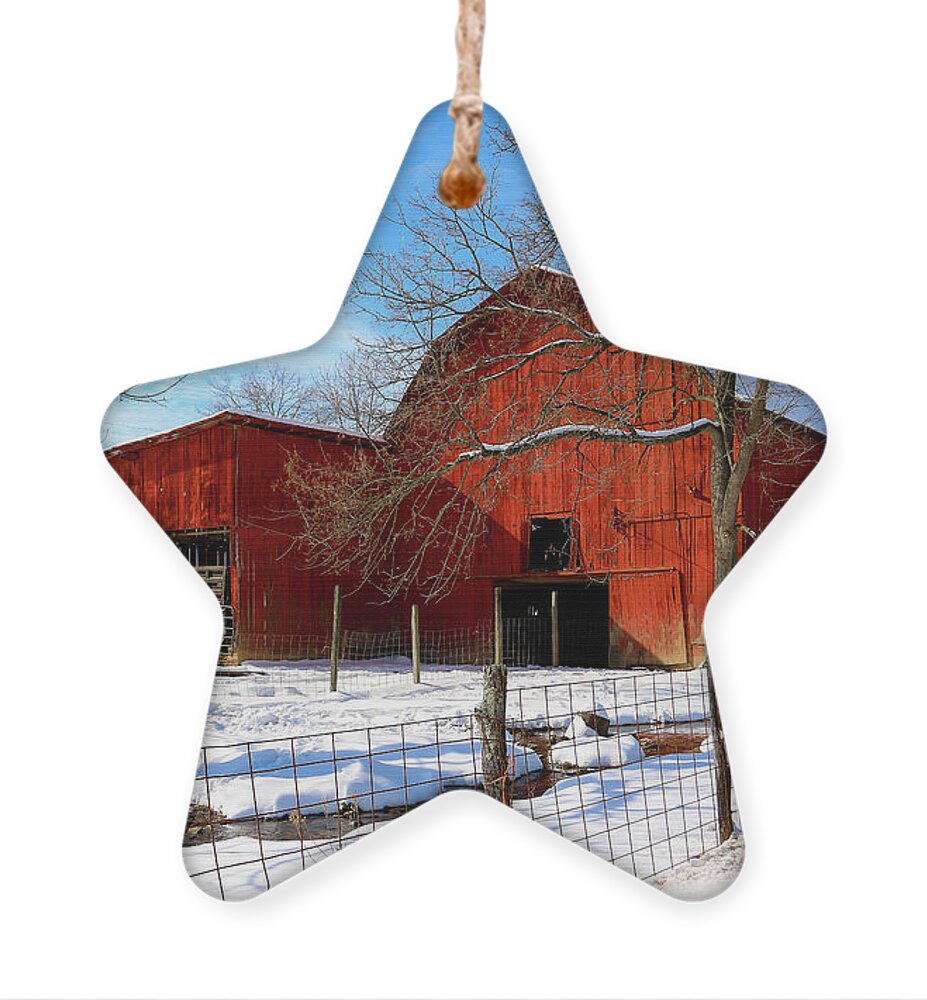 Red Ornament featuring the photograph Vintage Red Barn in Snow by Shelia Hunt