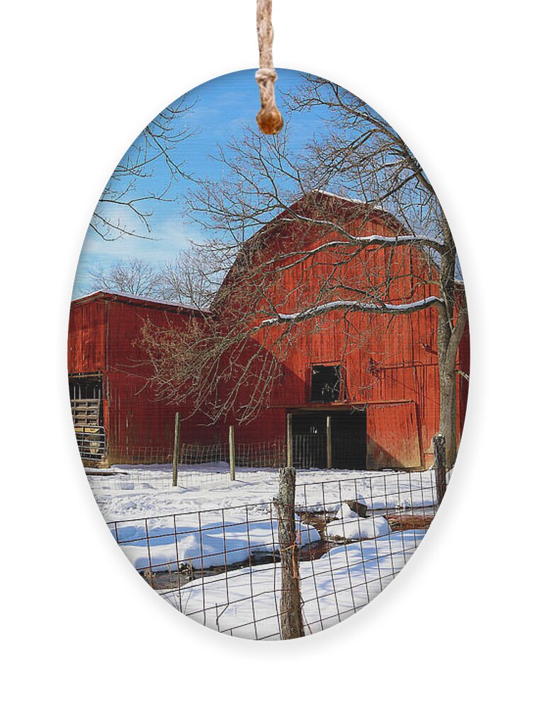 Barn Ornament featuring the photograph Vintage Red Barn in Snow by Shelia Hunt