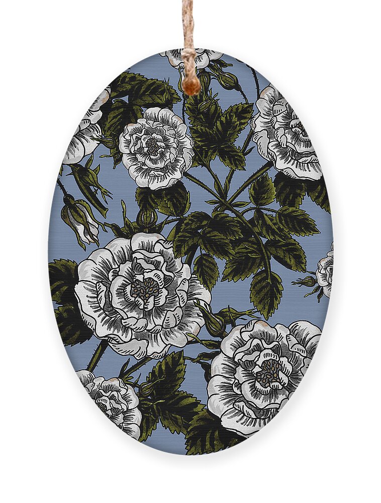 Rose Ornament featuring the painting Vintage Roses Black And White Ink Silhouettes Of Flowers On Soft Dusty Blue by Irina Sztukowski