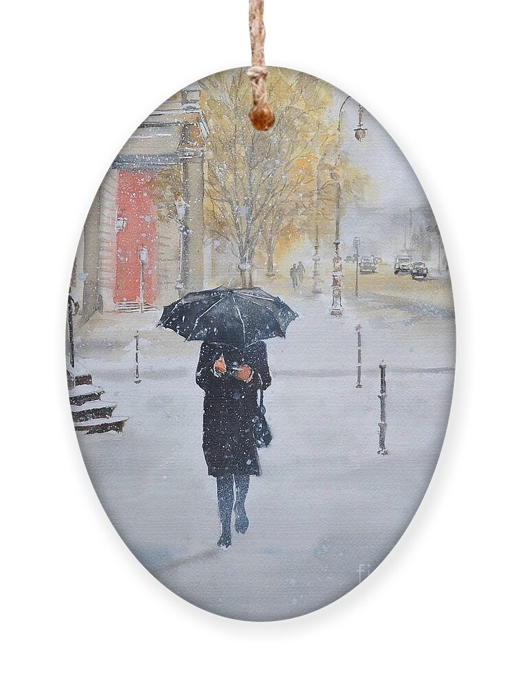 Snow Ornament featuring the painting Walking in the snow by Betty M M Wong