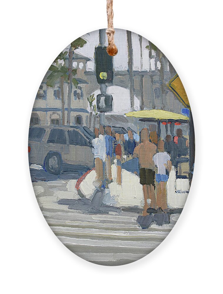 Crystal Pier Ornament featuring the painting Walking to the Pier - Pacific Beach, San Diego, California by Paul Strahm