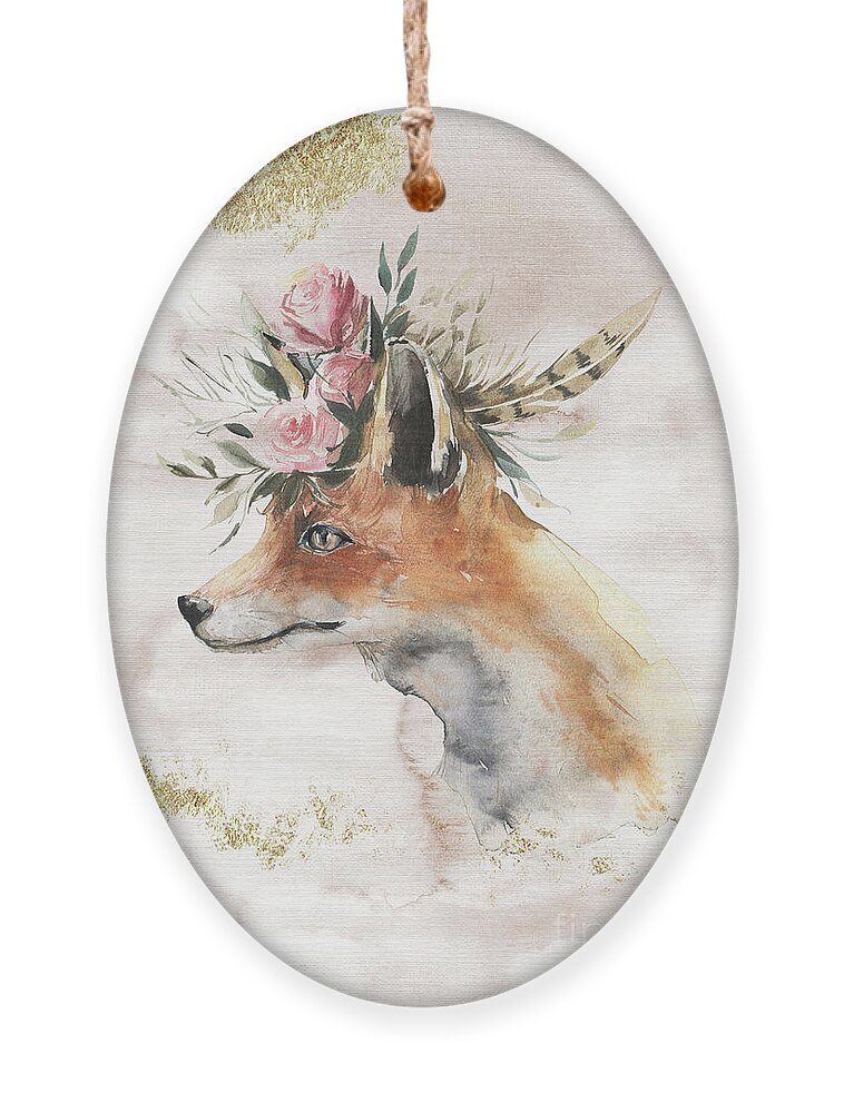 Watercolor Fox Ornament featuring the painting Watercolor Fox With Flowers And Gold by Garden Of Delights