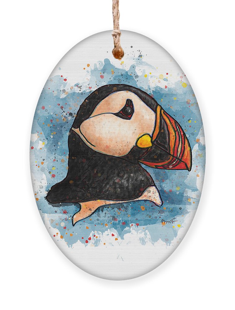Watercolor Ornament featuring the painting Watercolor puffin splatter art, Puffin head by Nadia CHEVREL