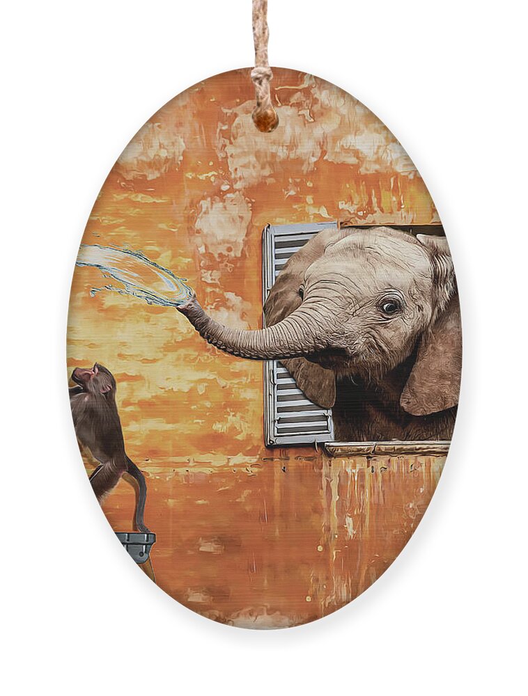 Baby Elephant Ornament featuring the mixed media Watering The Plant by Ed Taylor