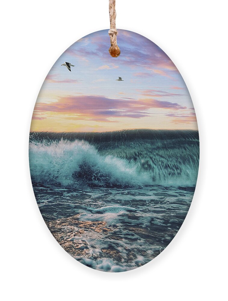 Seagulls Ornament featuring the digital art Waves Crashing At Sunset by Phil Perkins