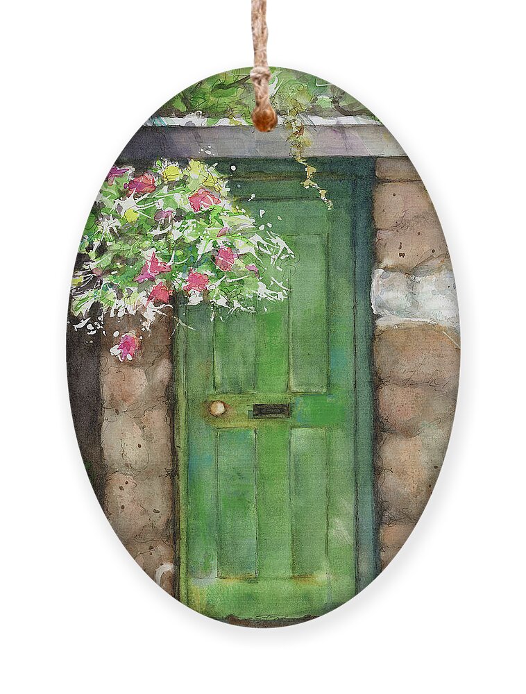 Painting Weathered Door Ornament featuring the painting Weathered door and flowers by Rebecca Matthews