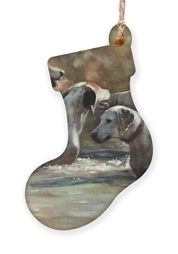 Hounds Dogs Dog Foxhunt Foxhounds Hunt Water Wading Playing Contemporary Art Painting Realism Ornament featuring the painting Well Hello by Susan Bradbury