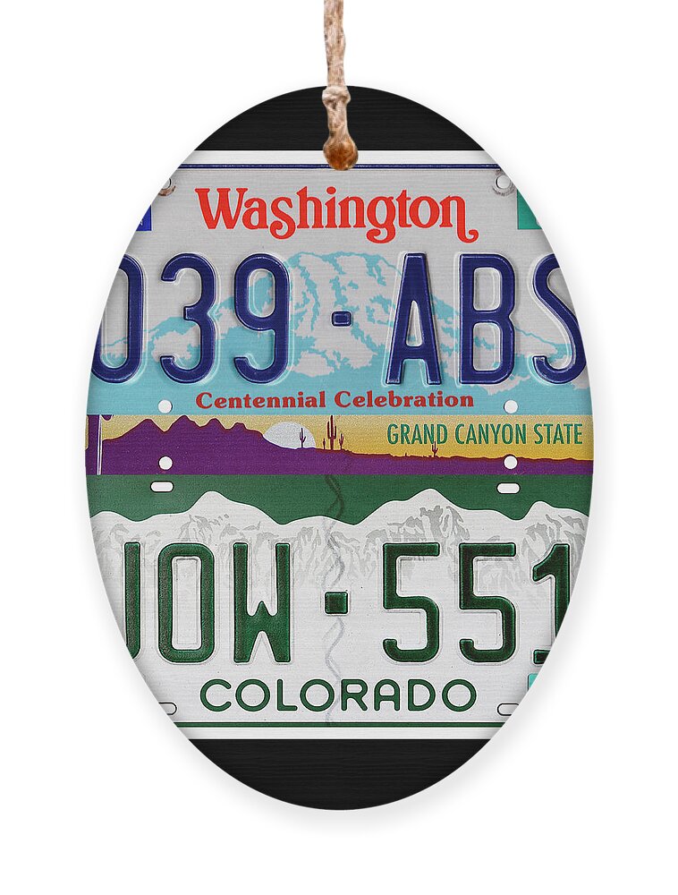 Washington Ornament featuring the mixed media Western State Landscapes Print - Recycled Washington, Arizona and Colorado License Plates Art by Steven Shaver