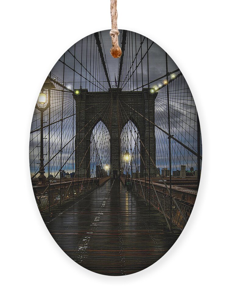Streetlights Ornament featuring the photograph Wet Day On The Brooklyn Bridge by Chris Lord