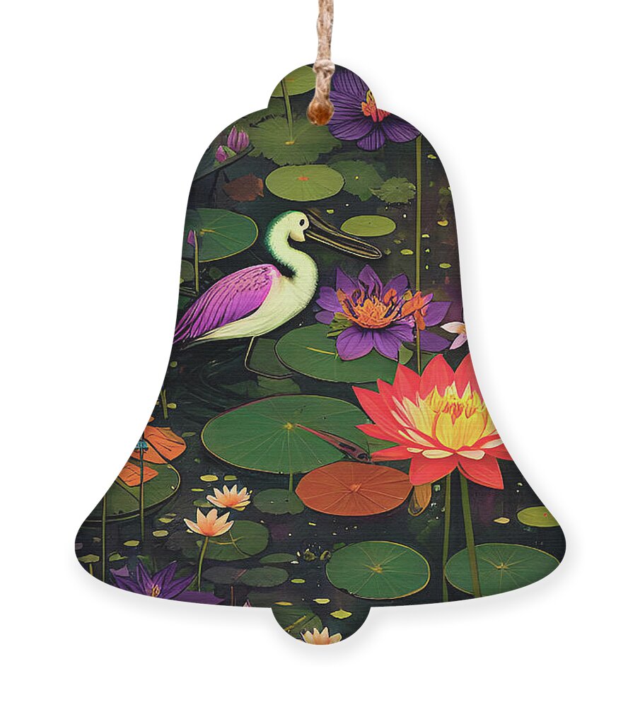 Sunsets Ornament featuring the digital art Wetland Magic Lily Pads Birds and Flowers by Ginette Callaway