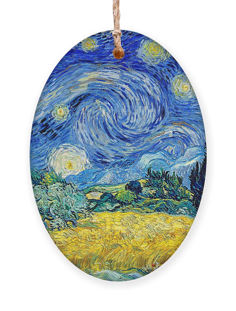Wheat Field With Cypresses Ornament featuring the digital art Wheat Field with Cypresses under a Starry Night - cool colors digital recreation by Nicko Prints