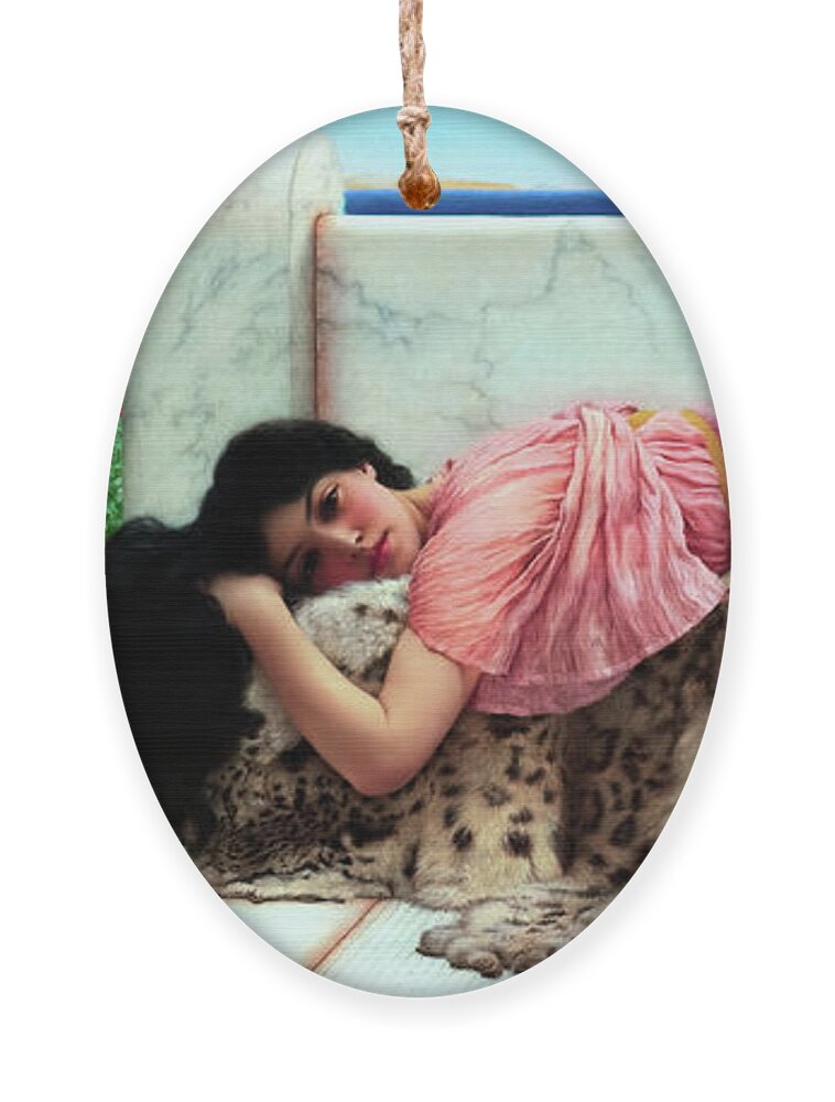Young Girl Ornament featuring the painting When The Heart Is Young by John William Godward Old Masters ClassicalArt Reproduction by Rolando Burbon
