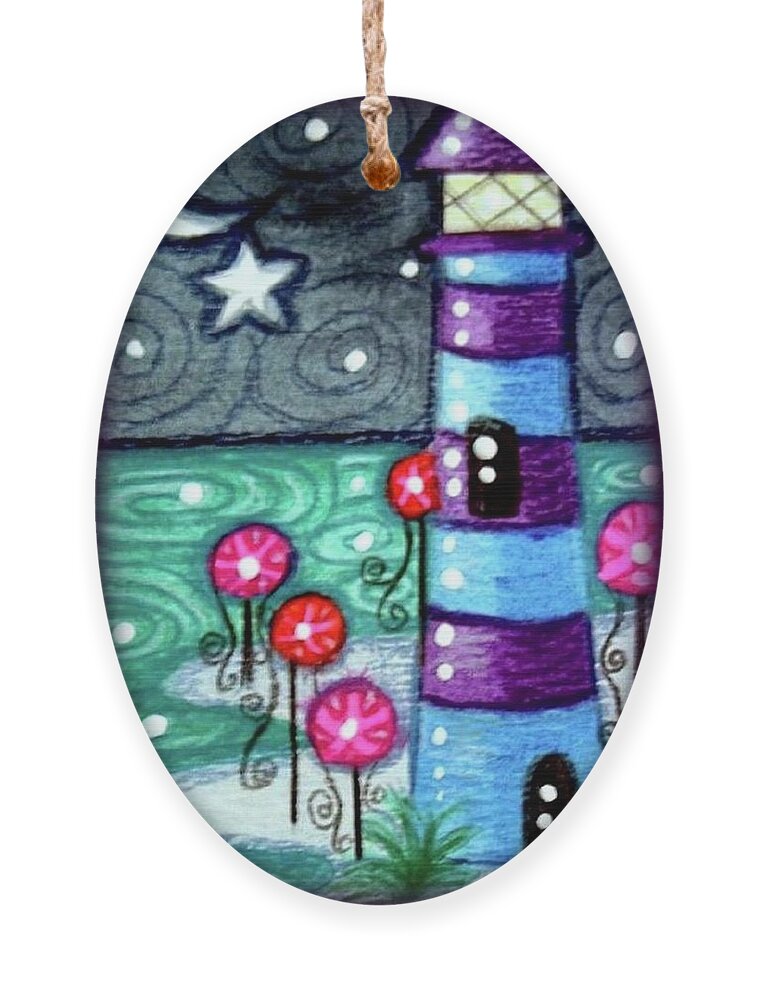 Whimsical Ornament featuring the painting Whimsical Purple Blue Lighthouse by Monica Resinger