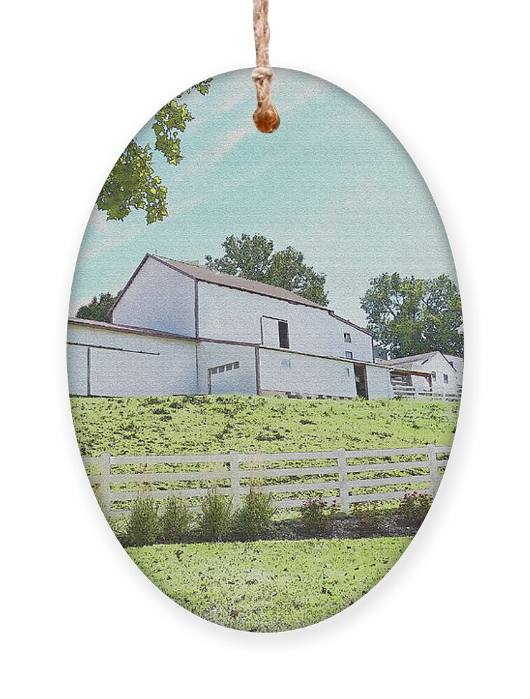 Barn Ornament featuring the photograph White barn on a hill by Bentley Davis