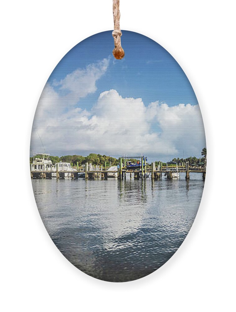 Boats Ornament featuring the photograph White Clouds and Blue Sky over the Boynton Inlet Marina by Debra and Dave Vanderlaan