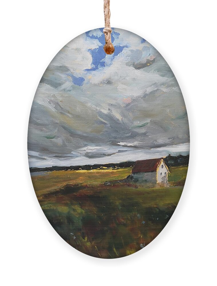 New Brunswick Ornament featuring the painting White Cottage by Sheila Romard